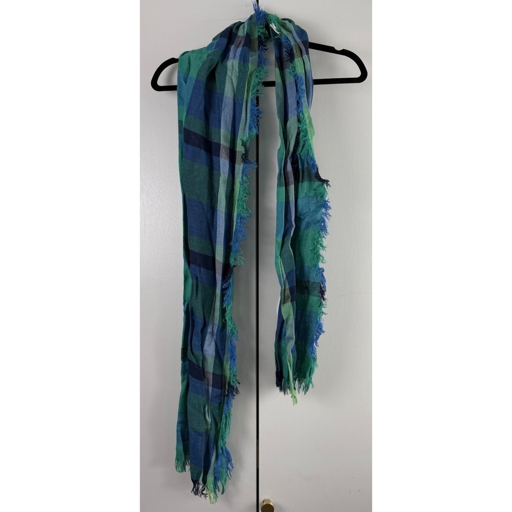 Target Plaid Scarf Blue Green Rayon Fringe One Size Lightweight Cabincore preppy
